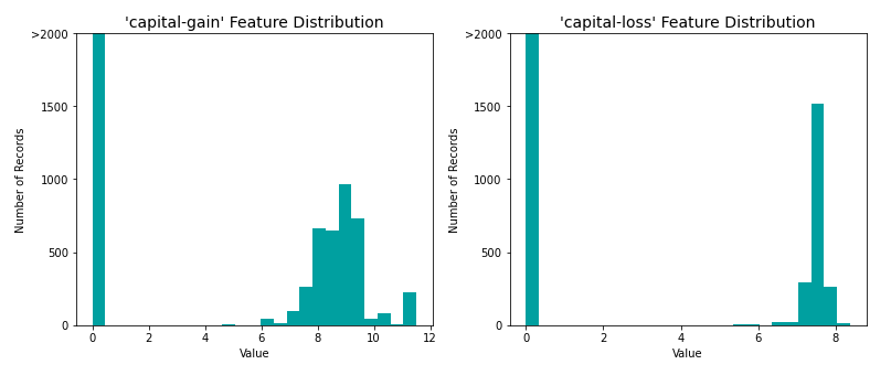 Log-transformed Distributions of Continuous Census Data Features
